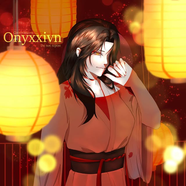 Dark-haired character surrounded by warm lanterns
