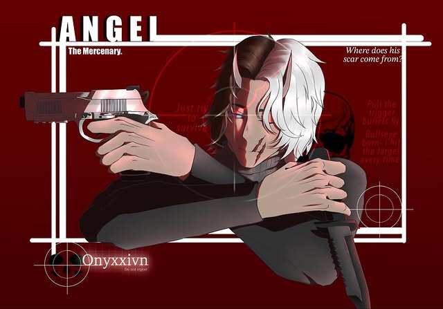 Red editorial poster of a mercenary character