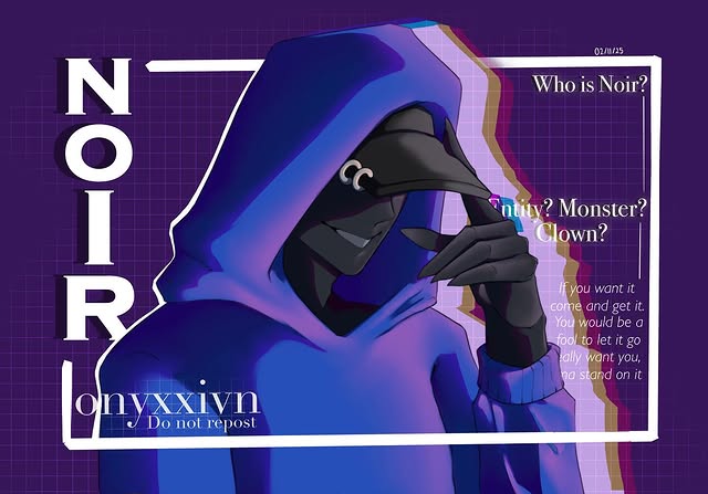 Purple poster of a hooded character named Noir