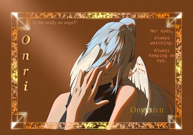 Angel character inside an ornate golden poster frame